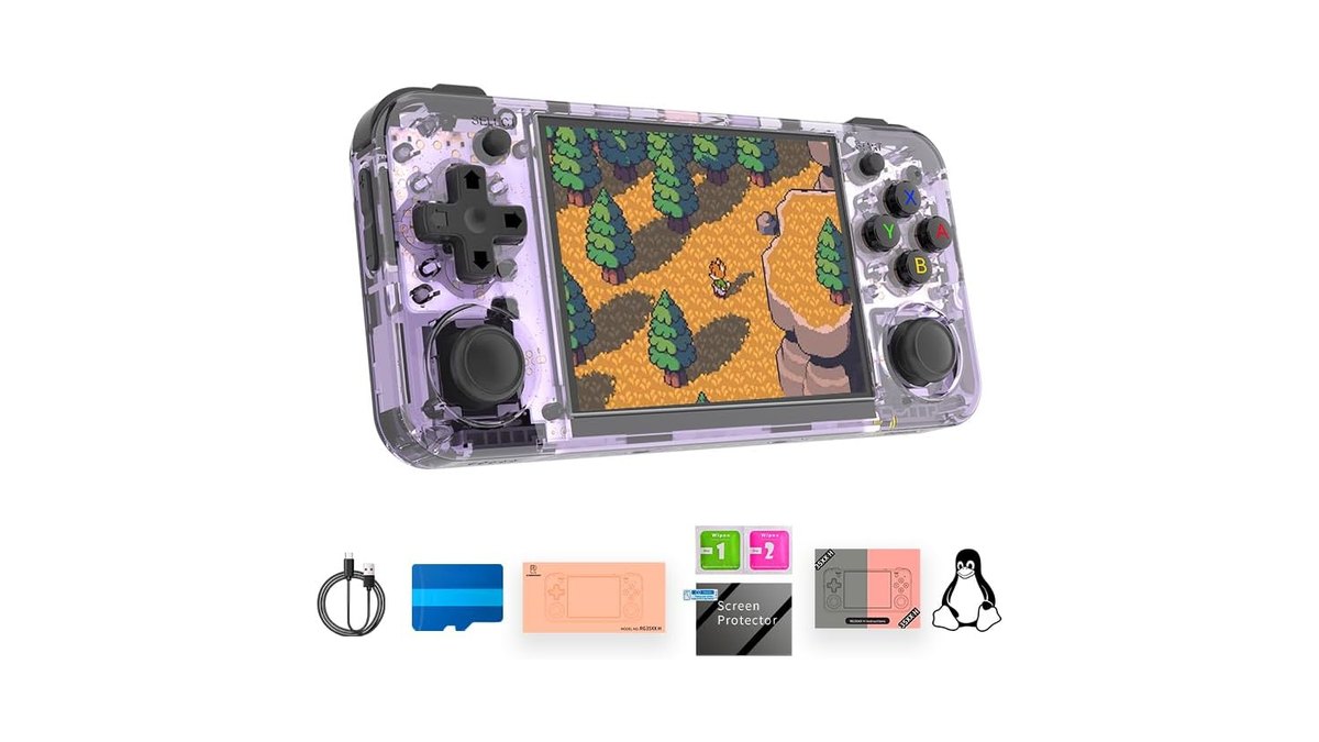 Consola portátil retro con pantalla encendida y botones físicos.